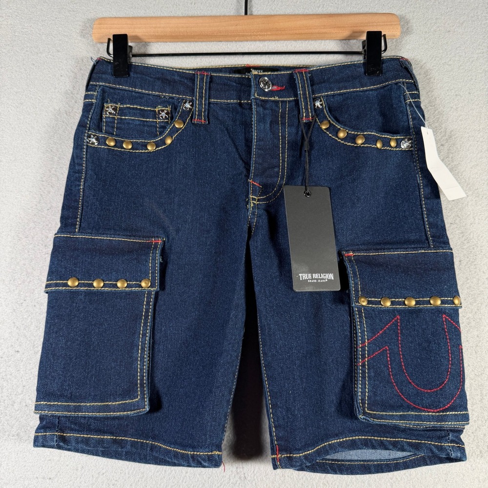 True Religion Boys Ricky Relaxed Straight Studded Cargo Denim Shorts Indigo 12